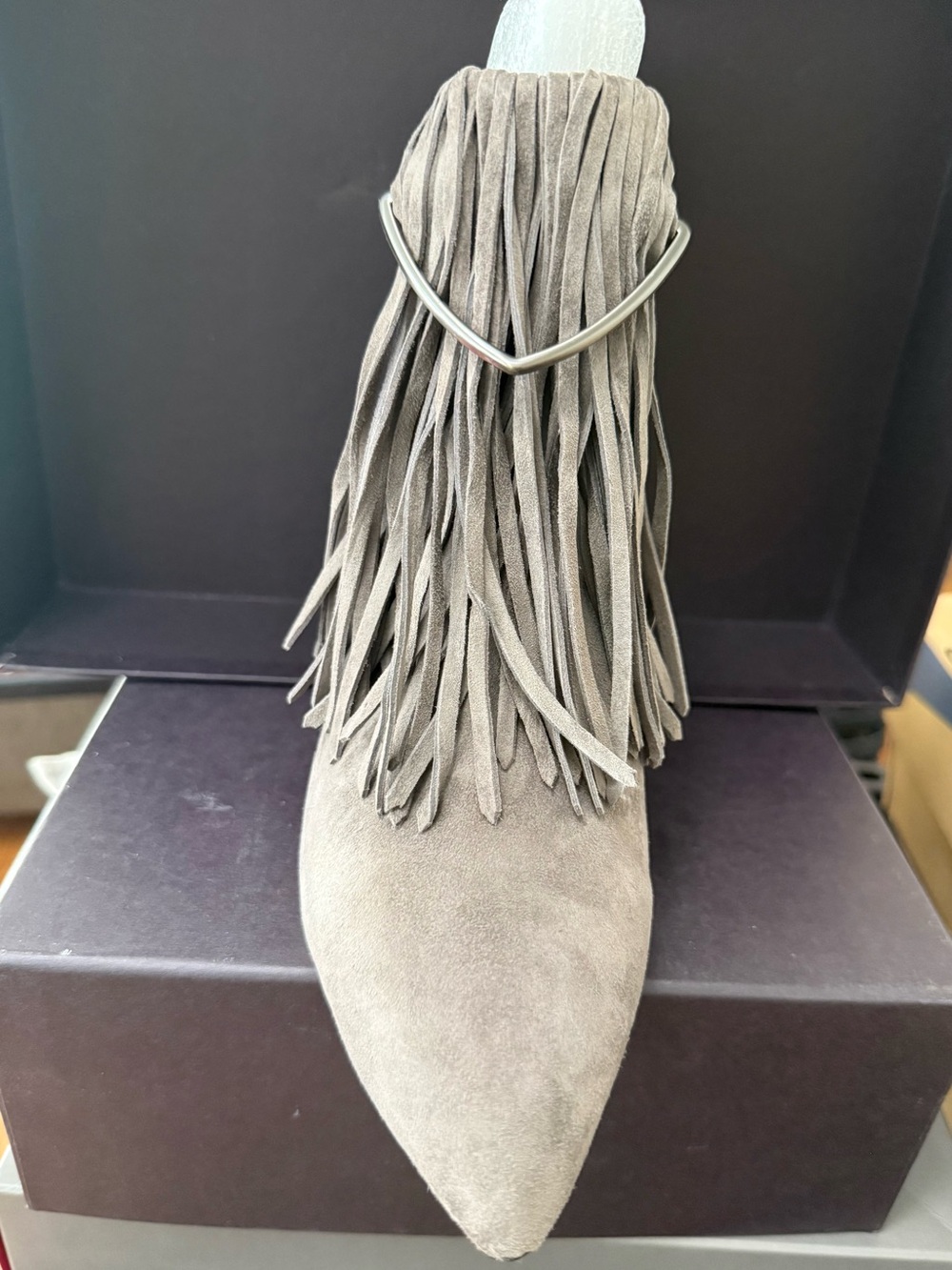 Brian Atwood - NIB - Taupe Suede Fringed Pointed-Toe Ankle Bootie - 9.5M